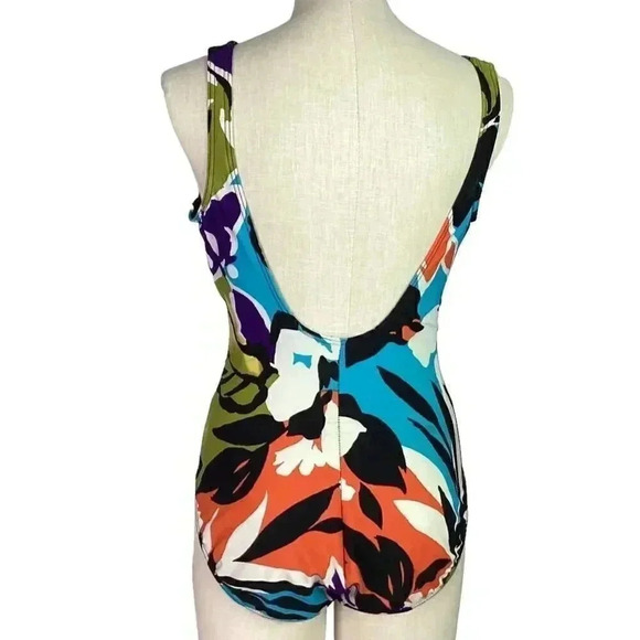 Miraclesuit Womens 14 Tropical Floral Swimsuit White Multicolor Padded Ruched - Picture 4 of 8